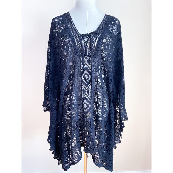 Jen's Pirate Booty Bohemian Allover Black Crochet Lace Coverup Shawl Goth Grunge - Picture 2 of 7
